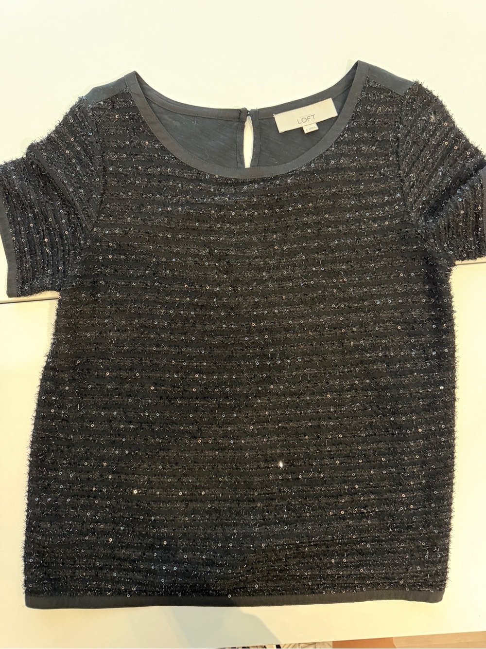 LOFT Black Sequin-Textured Short Sleeve Knit Top